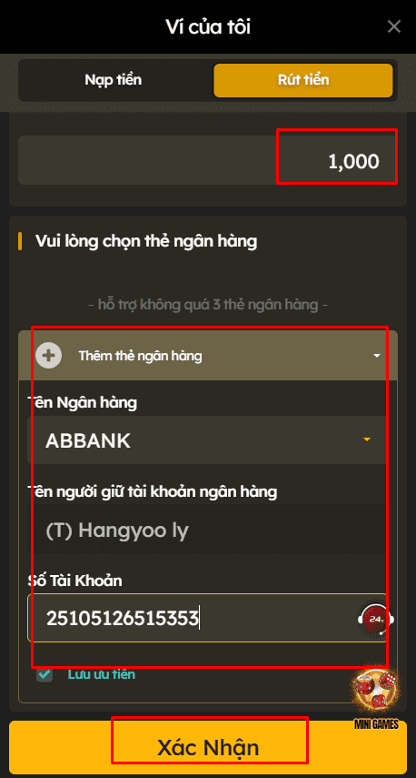 Điền số tiền và chọn ngân hàng để rút tiền